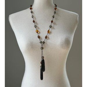 Amber Smokey Grey Glass Beads Long Gun Metal Tassel 38" Necklace Fall Autumn